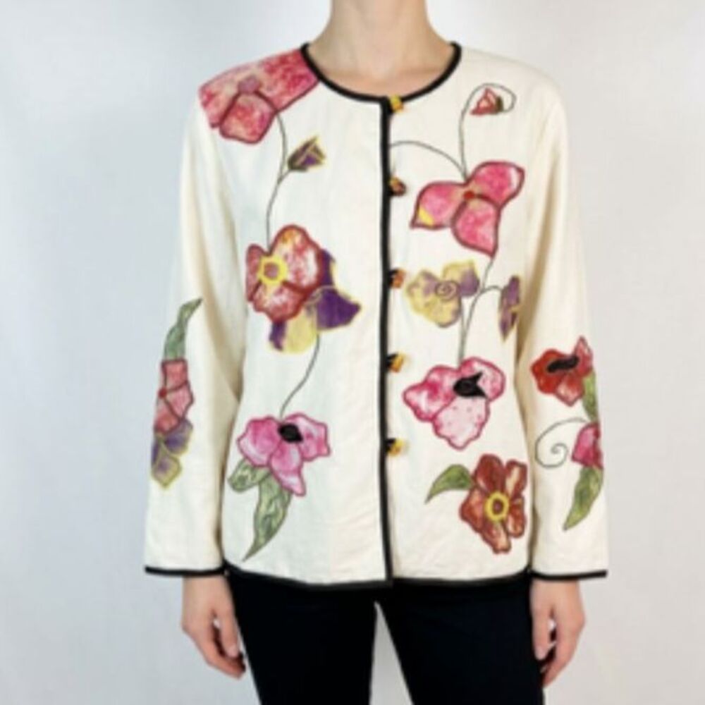 Indigo Moon Women's Ivory Linen Blend Multi-Floral LS Button-Up Jacket Size L